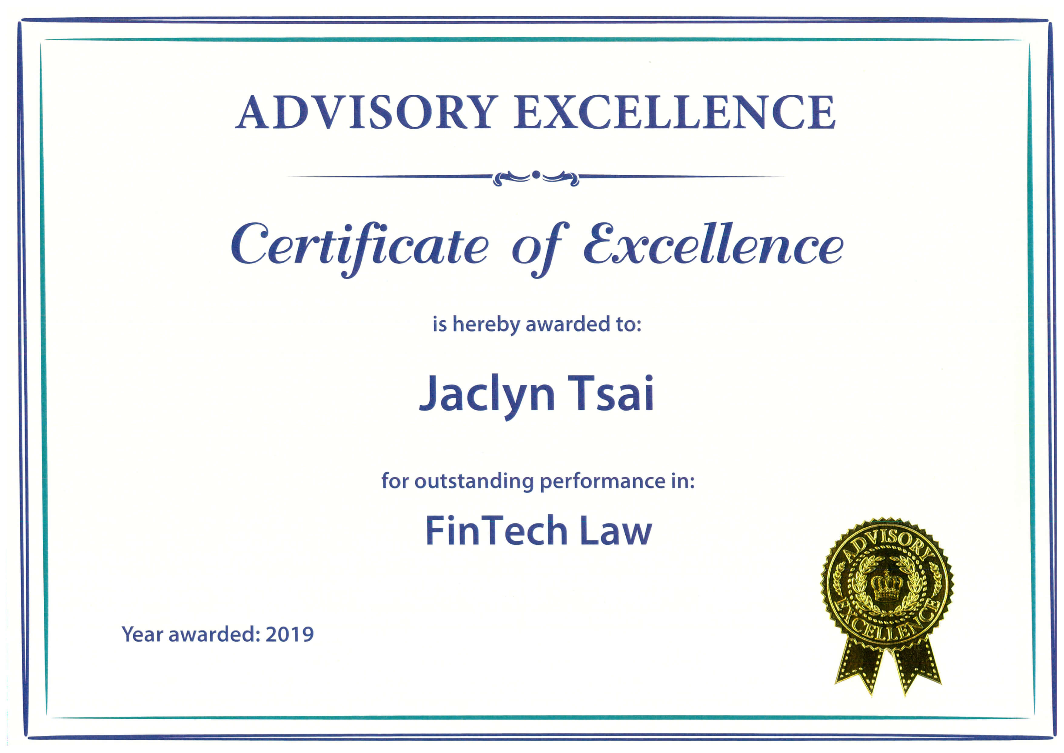 Certificate-of-Excellence–FinTech-Law–Jaclyn-Tsai-(Advisory-Excellenece)20190725